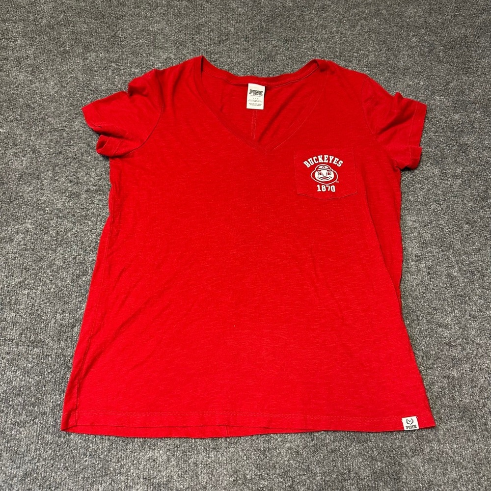 PINK T-Shirt Womens Size L Red Ohio State Buckeyes V-Neck Pocket Slub Knit Tee